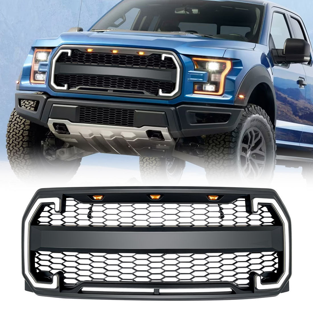 American Modified Raptor Style Mesh Grille With DRL And Turn Signal Lights - AMFMAA00130