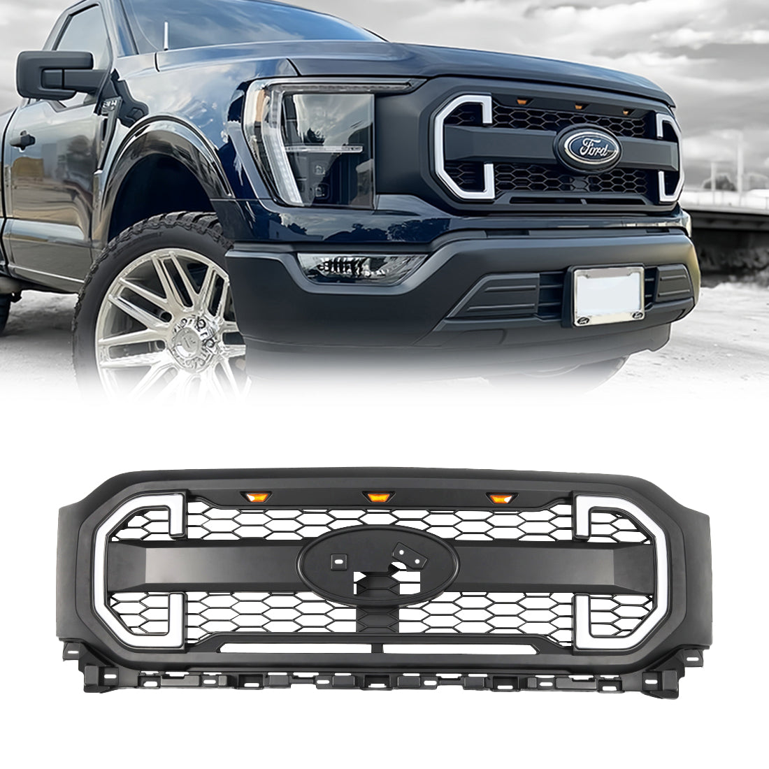 American Modified Raptor Style Mesh Grille With DRL And Turn Signal Lights - AMFMAA00133