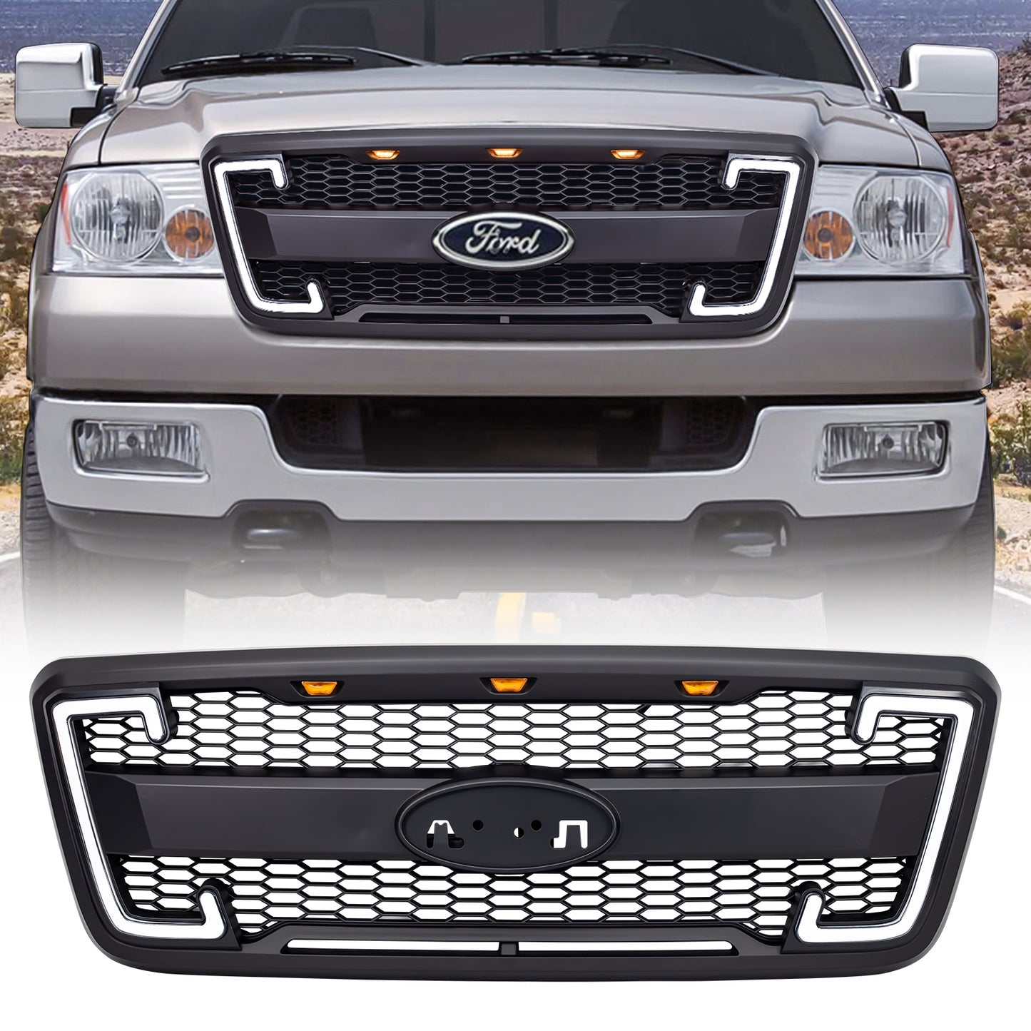 American Modified Mesh Grille With Amber Lights DRL Signal Lights And Emblem Base - AMFMAA00142