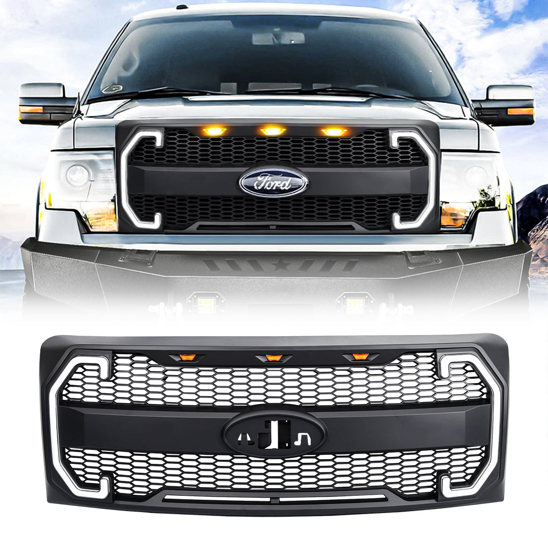 American Modified Mesh Grille With Amber Lights DRL Signal Lights And Emblem Base - AMFMAA00143