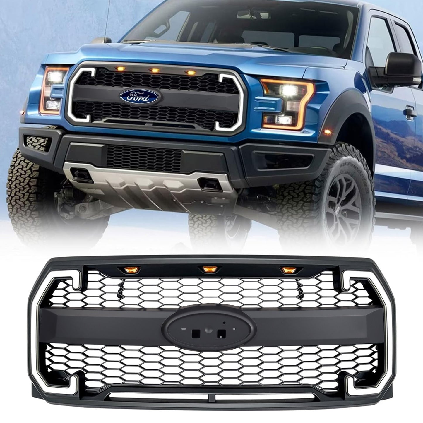 American Modified Mesh Grille With Amber Lights DRL Signal Lights And Emblem Base - AMFMAA00144