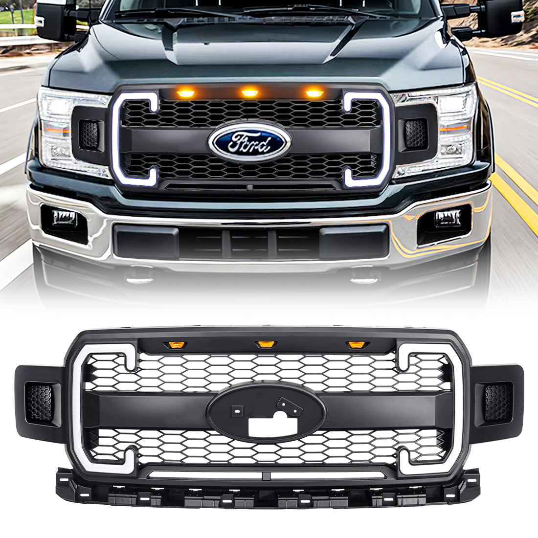 American Modified Mesh Grille With Amber Lights DRL Signal Lights And Emblem Base - AMFMAA00157