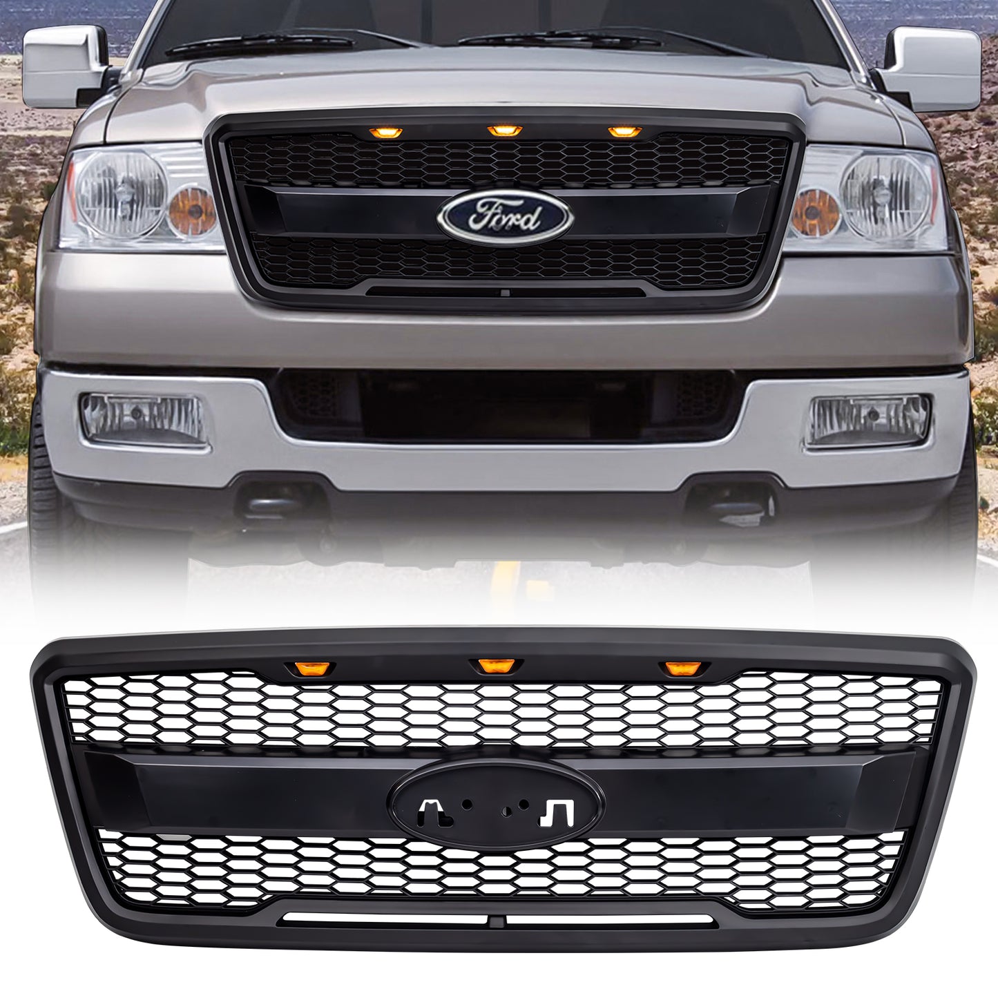 American Modified Raptor Style Grill W/ Amber Lightsl & Emblem Holder Matte Black - AMFMAA00158