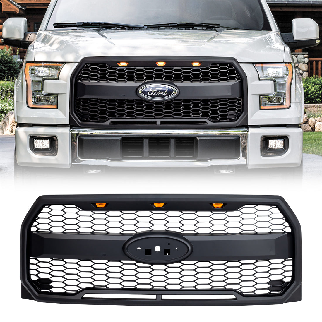 American Modified Raptor Style Grill W/ Amber Lights & Emblem Holder Matte Black - AMFMAA00160
