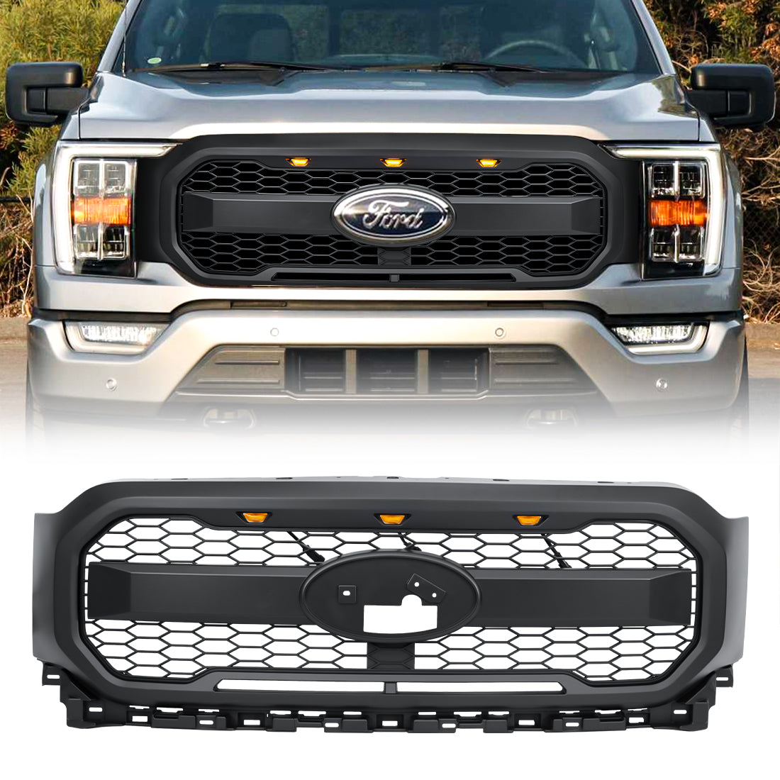 American Modified Raptor Style Mesh Grille With Amber Lights And Emblem Base - AMFMAA00162