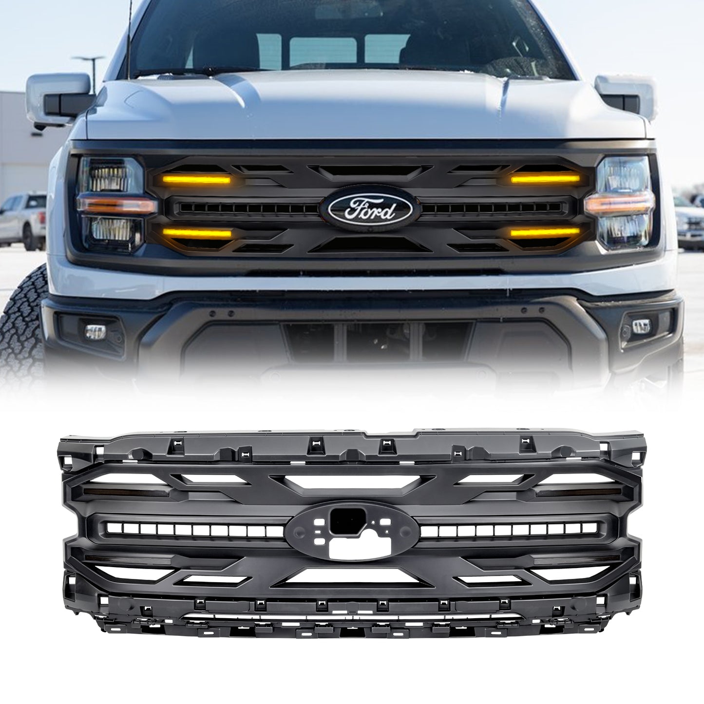 American Modified Armor Grille W/ Amber Lights & OEM Emblem Hole Matte Black (Without Central Emblem) - AMFMAA00187