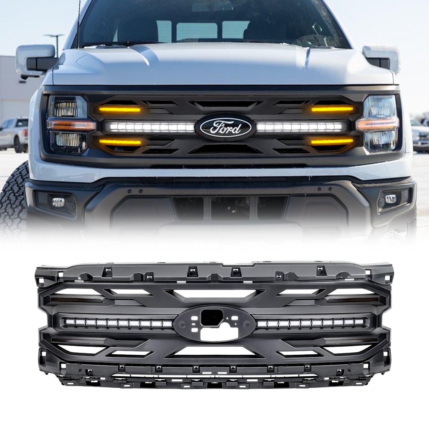 American Modified Armor Grille W/ DRL Amber Lights & OEM Emblem Hole Matte Black (Without Central Emblem) - AMFMAA00188