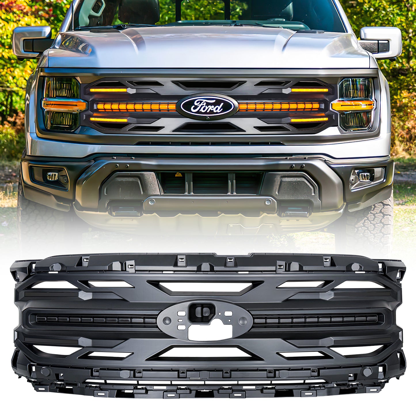 American Modified Armor Grille W/ Smoked DRL Amber Lights & OEM Emblem Hole Matte Black - AMFMAA00195