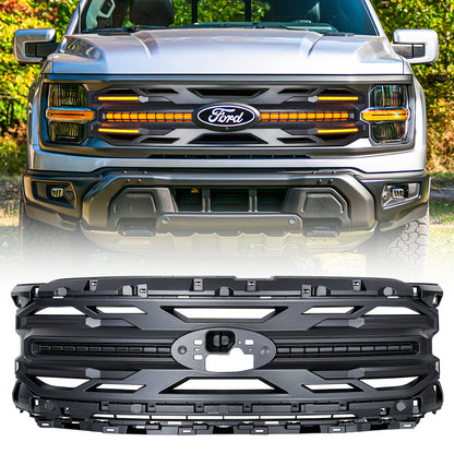 American Modified Armor Grille W/ Smoked DRL Amber Lights & OEM Emblem Hole Matte Black - AMFMAA00195