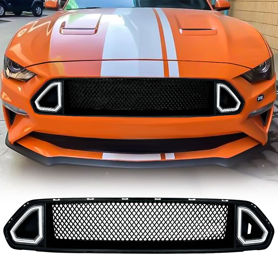 American Modified Front Mesh Upper Grille W/ LED DRL Turn Signal Light Matte Black - AMFMCA00607