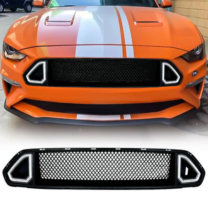American Modified Front Mesh Upper Grille W/ LED DRL Turn Signal Light Matte Black - AMFMCA00607