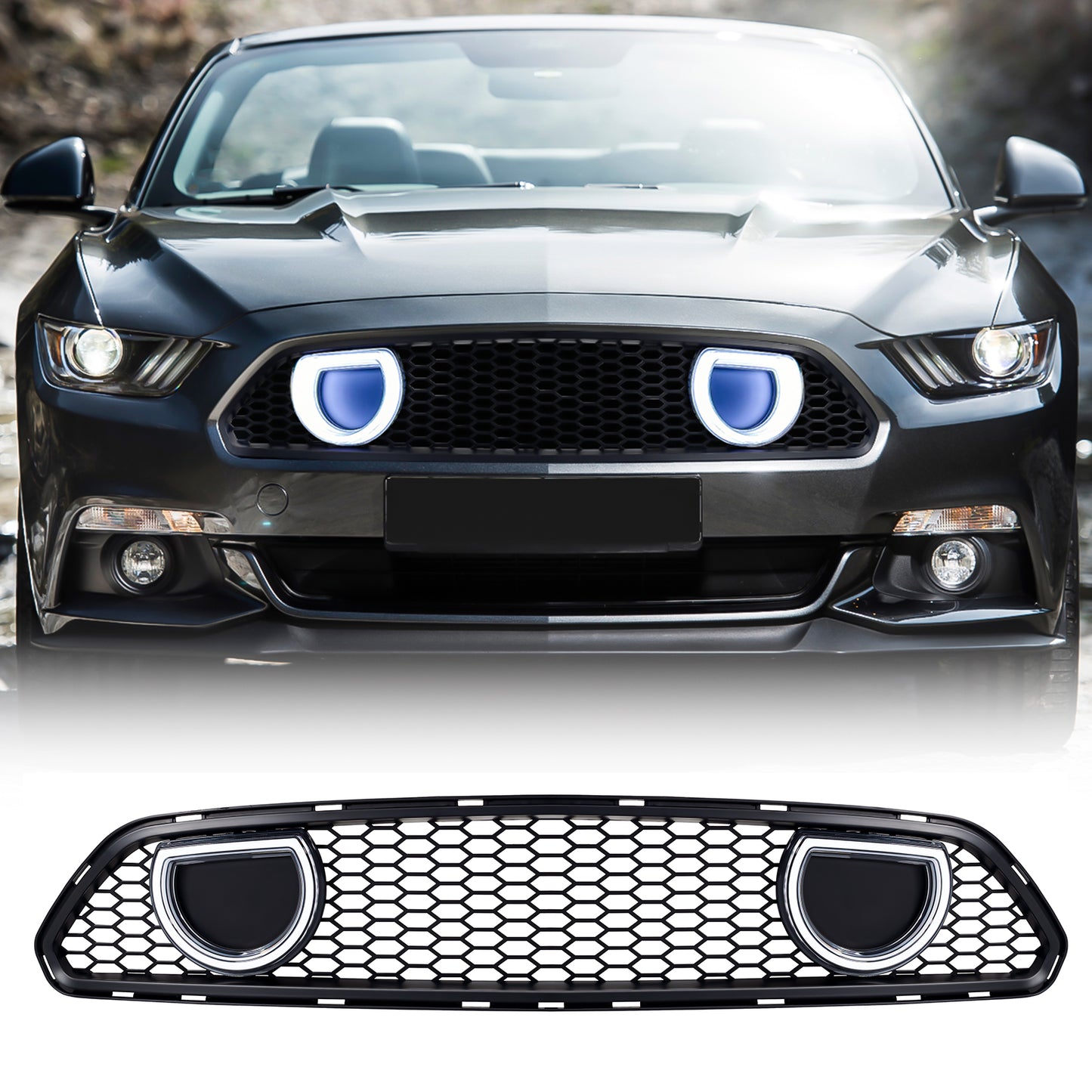 American Modified Mach 1 Style Upper Grille With LED DRL And Turn Signal - Matte Black - AMFMCA00615