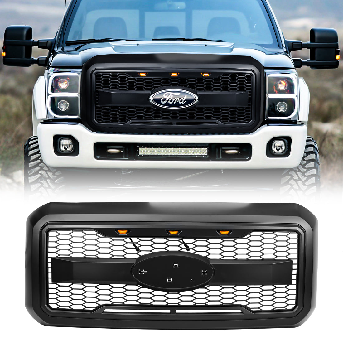American Modified Raptor Style Mesh Grille With Amber Lights And Emblem Base - AMFMFA00126