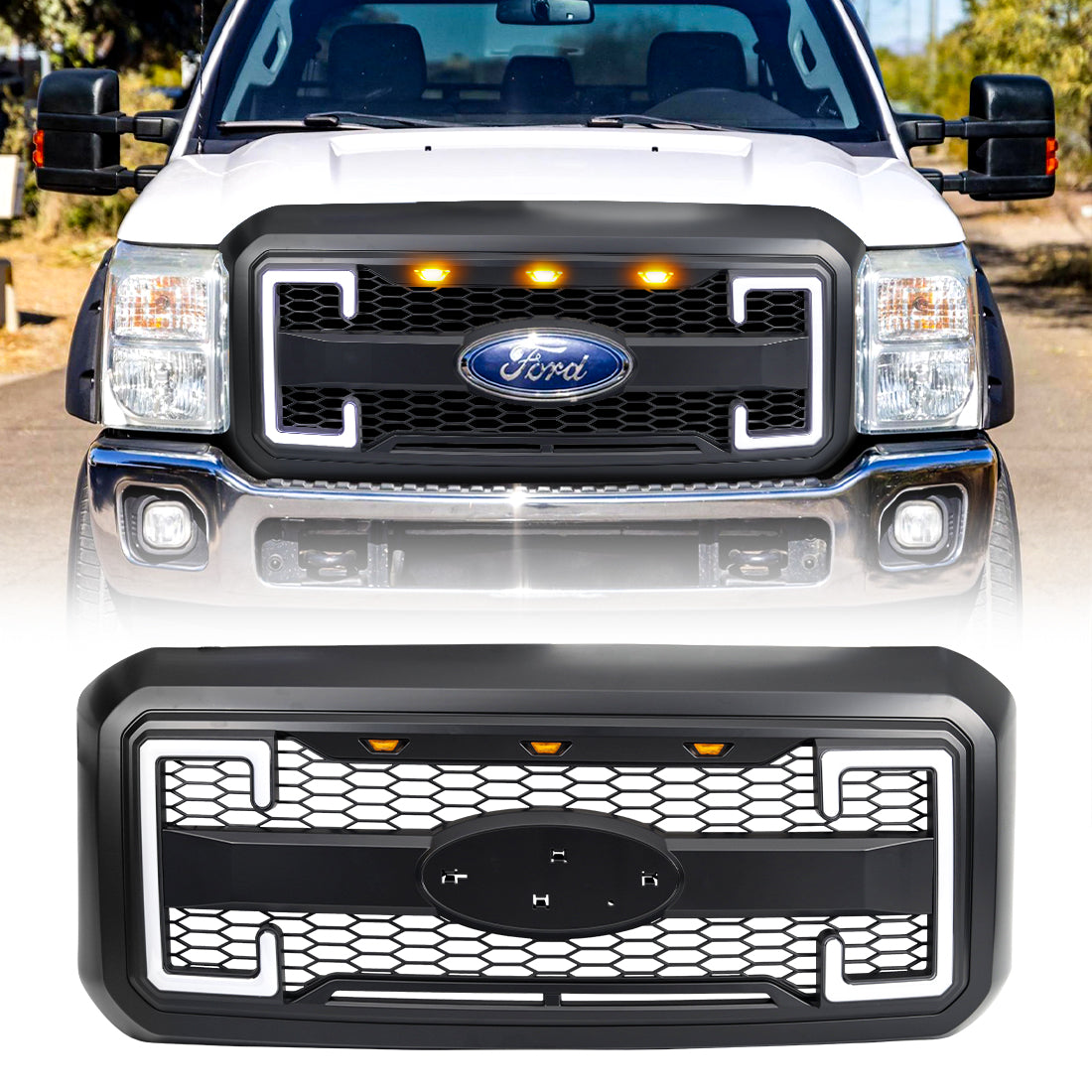 American Modified Raptor Style Mesh Grille With Amber Lights DRL Signal Lights And Emblem Base - AMFMFA00130