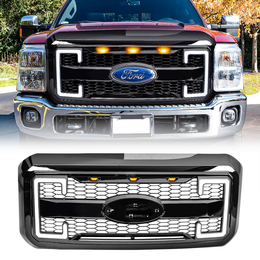 American Modified Raptor Style Mesh Grille With Amber Lights DRL Signal Lights And Emblem Base - AMFMFA00131