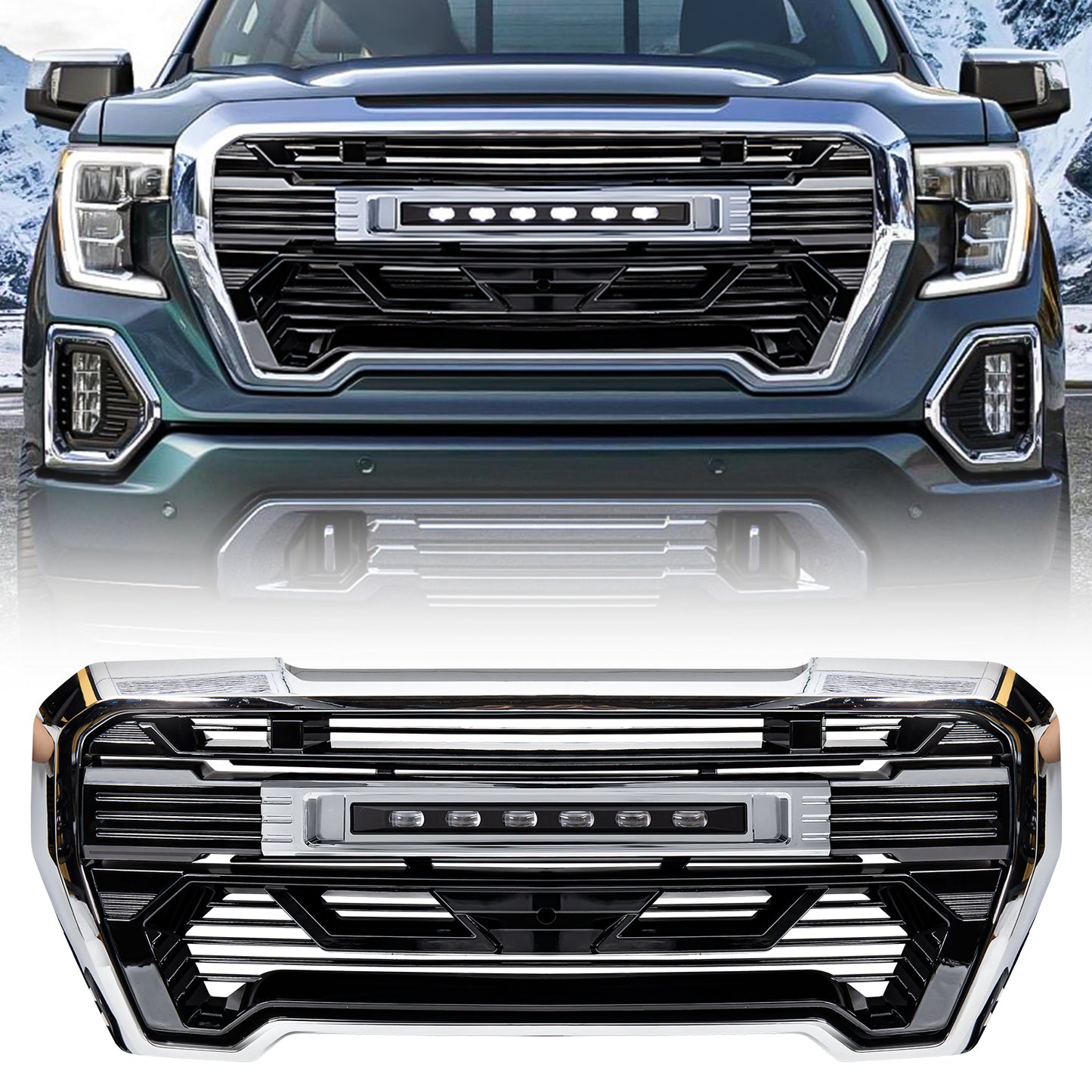 American Modified Armor Grille W/ LED Off-Road Lights Outside Surround And Front Camera Bracket Chrome & Glossy Black - AMGMAA00109
