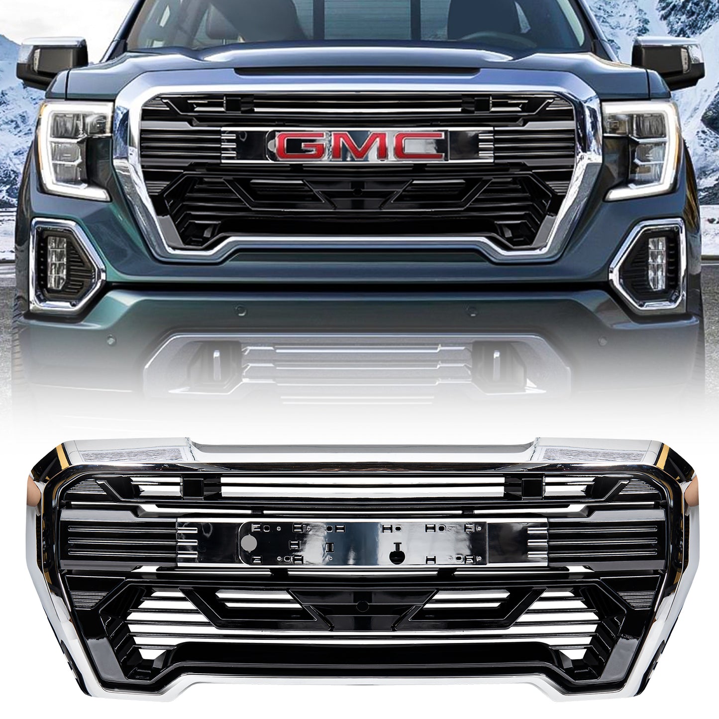 American Modified Armor Grille W/ Emblem Base Outside Surround And Front Camera Bracket Chrome & Glossy Black - AMGMAA00112