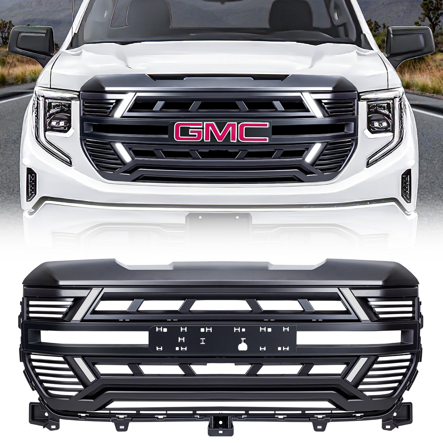 American Modified Armor Grille W/ DRL Camera Bracket & OEM Emblem Hole - Matte Black - AMGMAA00127