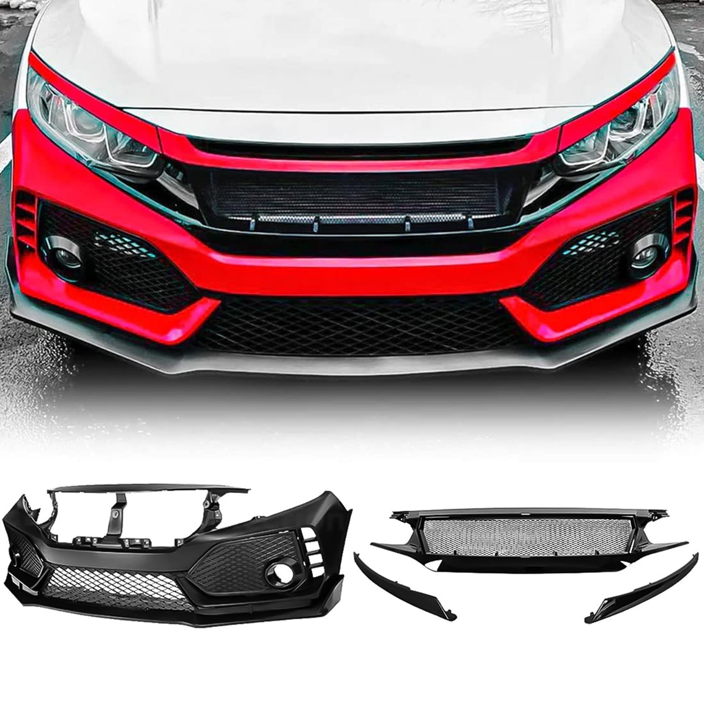American Modified Type R Style Conversion Front Bumper W/ Sport Grille Matte Black - AMHMAA01120