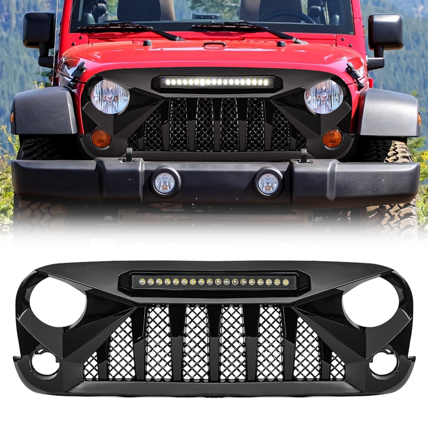 American Modified Gladiator Grille W/ 18 LED Bar Off-Road Lights Glossy Black - AMJPAA00127