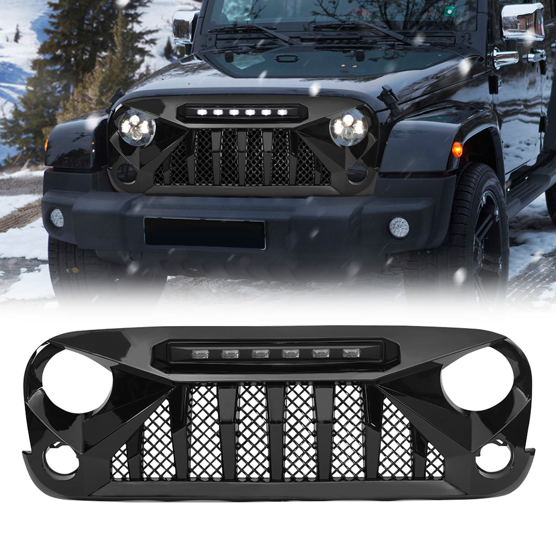 American Modified Gladiator Grille W/ 6 LED Bar Off-Road Lights Glossy Black - AMJPAA00131