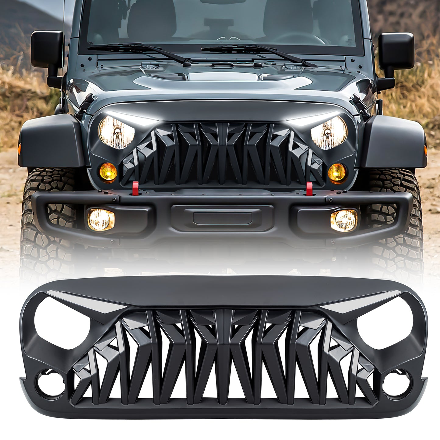 American Modified Shark Grille  W/ LED Eyebrow DRL And Turn Signals - Matte Black - AMJPAA00142