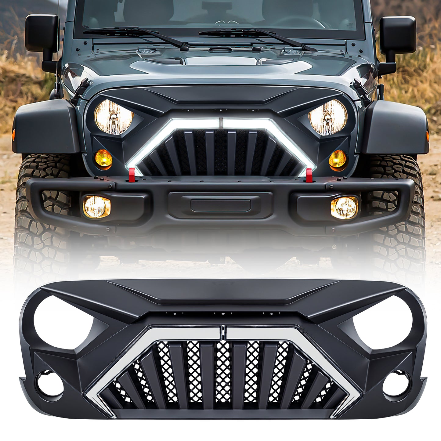 American Modified Goliath Grille W/ LED DRL And Turn Signals - Matte Black - AMJPAA00144