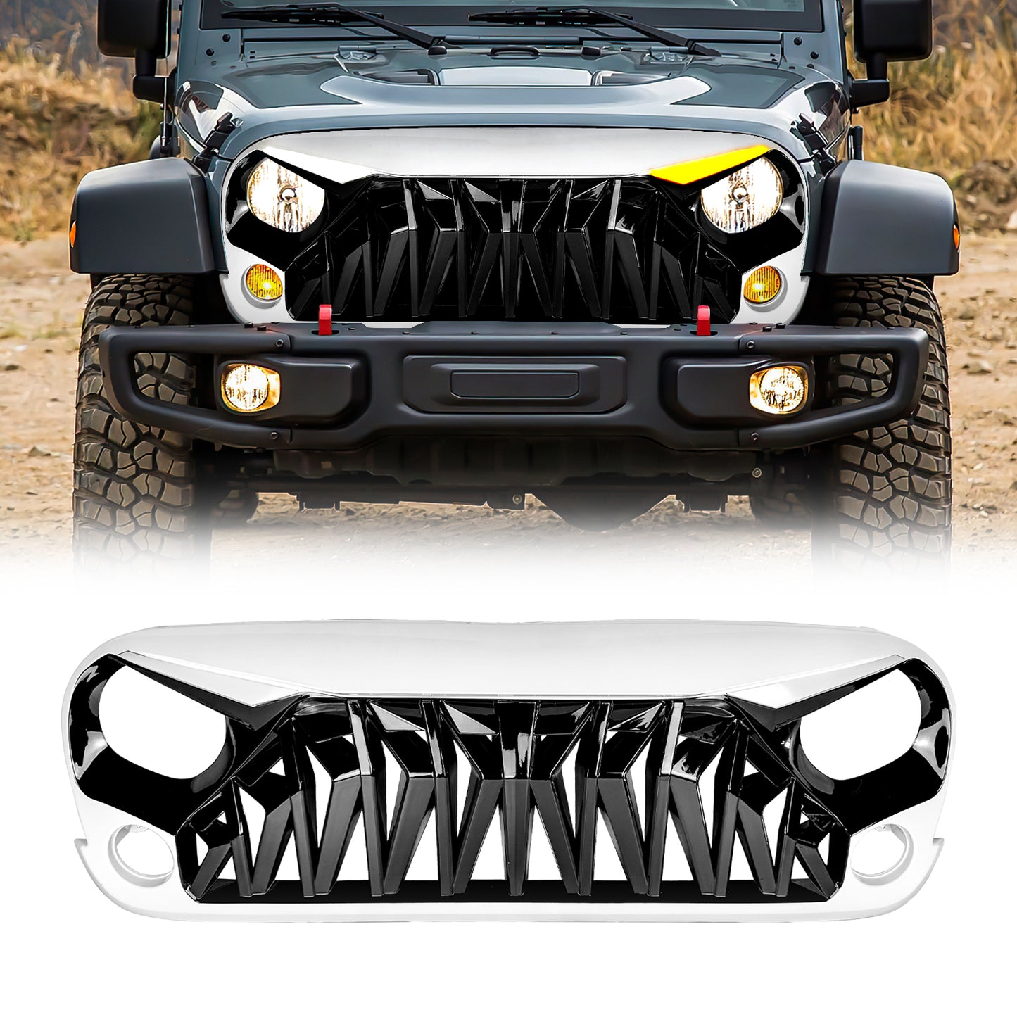 American Modified Shark Grille W/ LED Eyebrow DRL And Turn Signals White & Black - AMJPAA00147