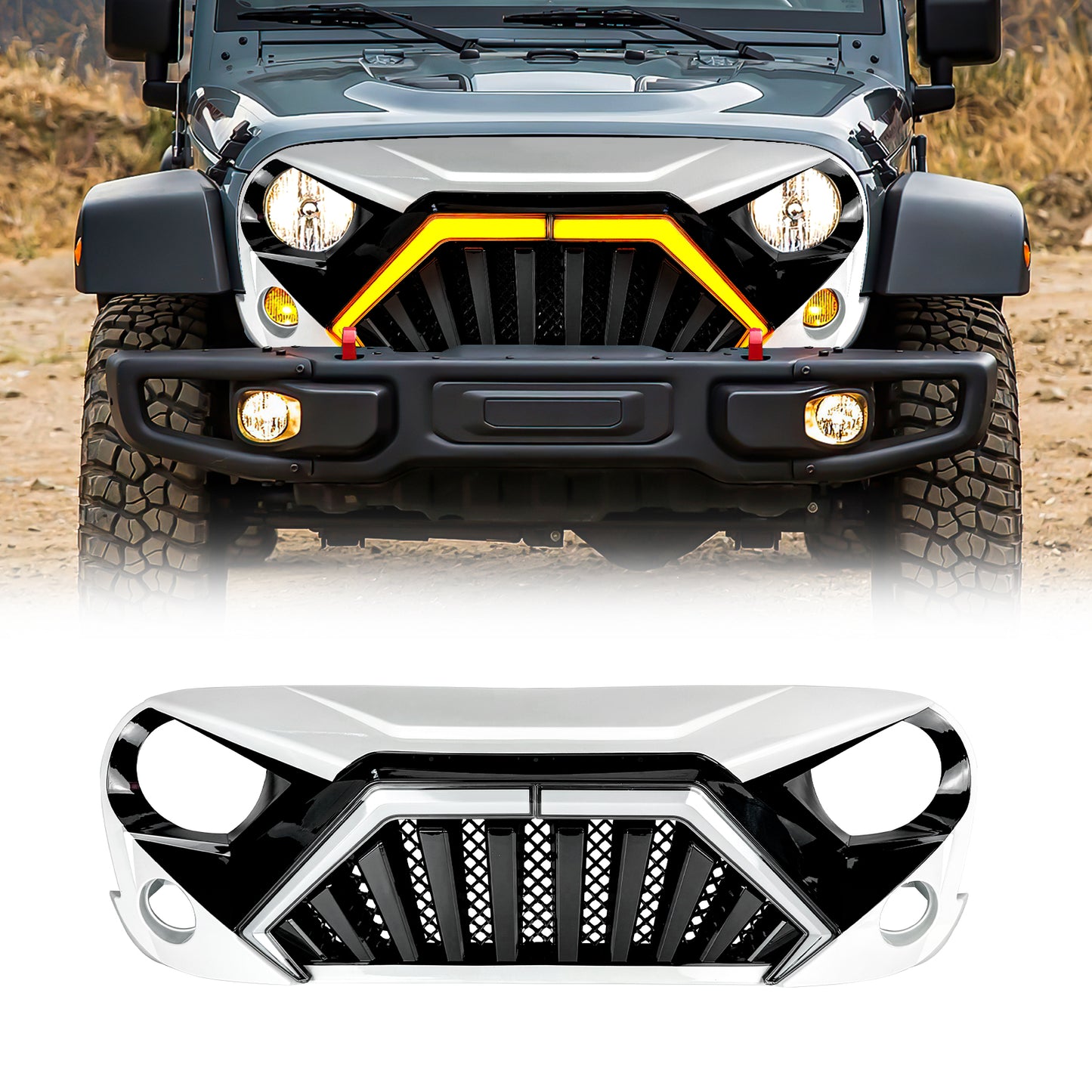 American Modified Goliath Grille W/ LED DRL And Turn Signals White & Black - AMJPAA00148