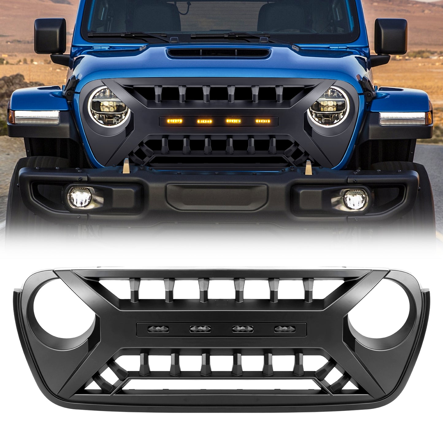 American Modified Armor Grille With LED Off-Road Lights - Matte Black - AMJPCA00125