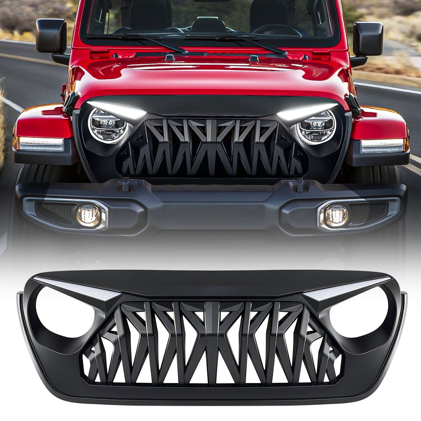 American Modified Shark Grille W/ LED Eyebrow DRL And Turn Signals - Matte Black - AMJPCA00133