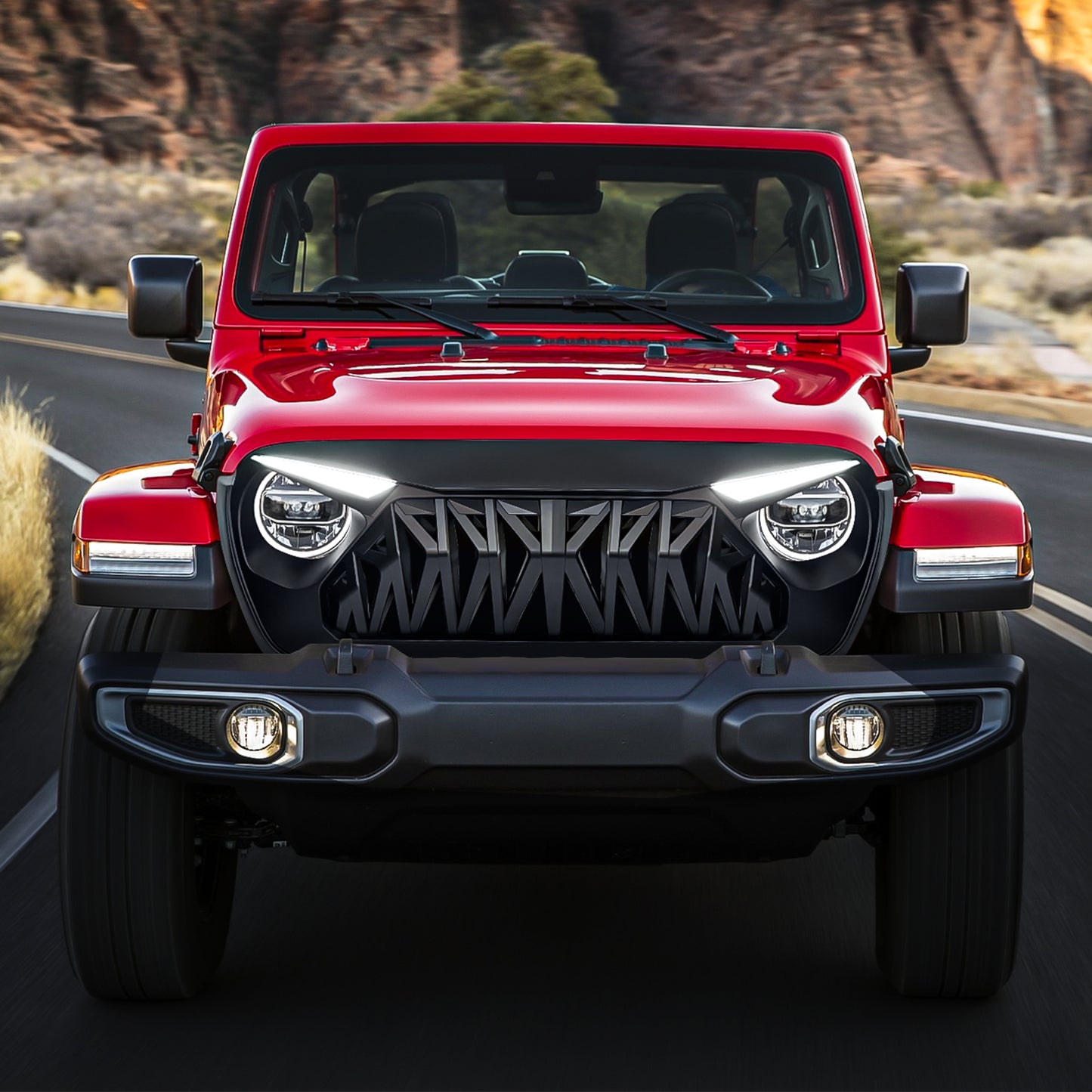 American Modified Shark Grille W/ LED Eyebrow DRL And Turn Signals - Matte Black - AMJPCA00133