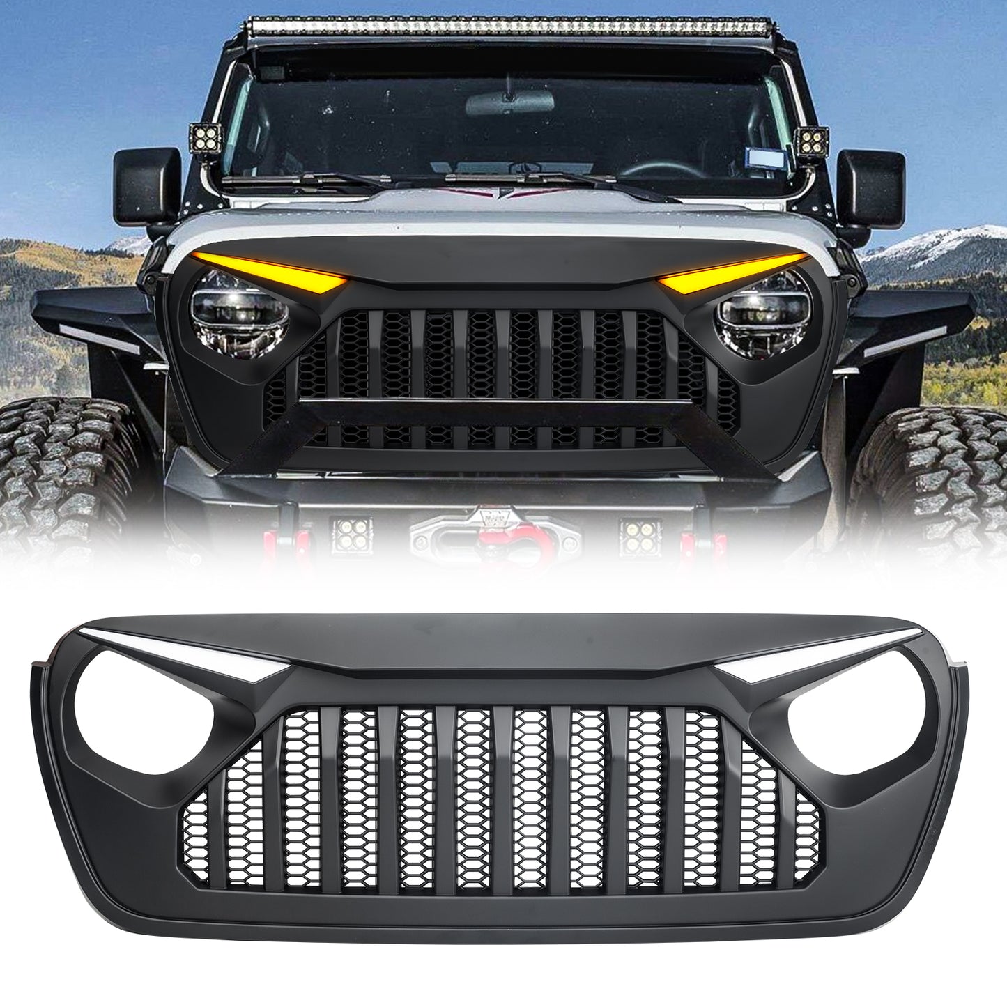 American Modified Vader Mesh Grille W/ LED Eyebrow DRL And Sequential Turn Signals Matte Black - AMJPCA00140