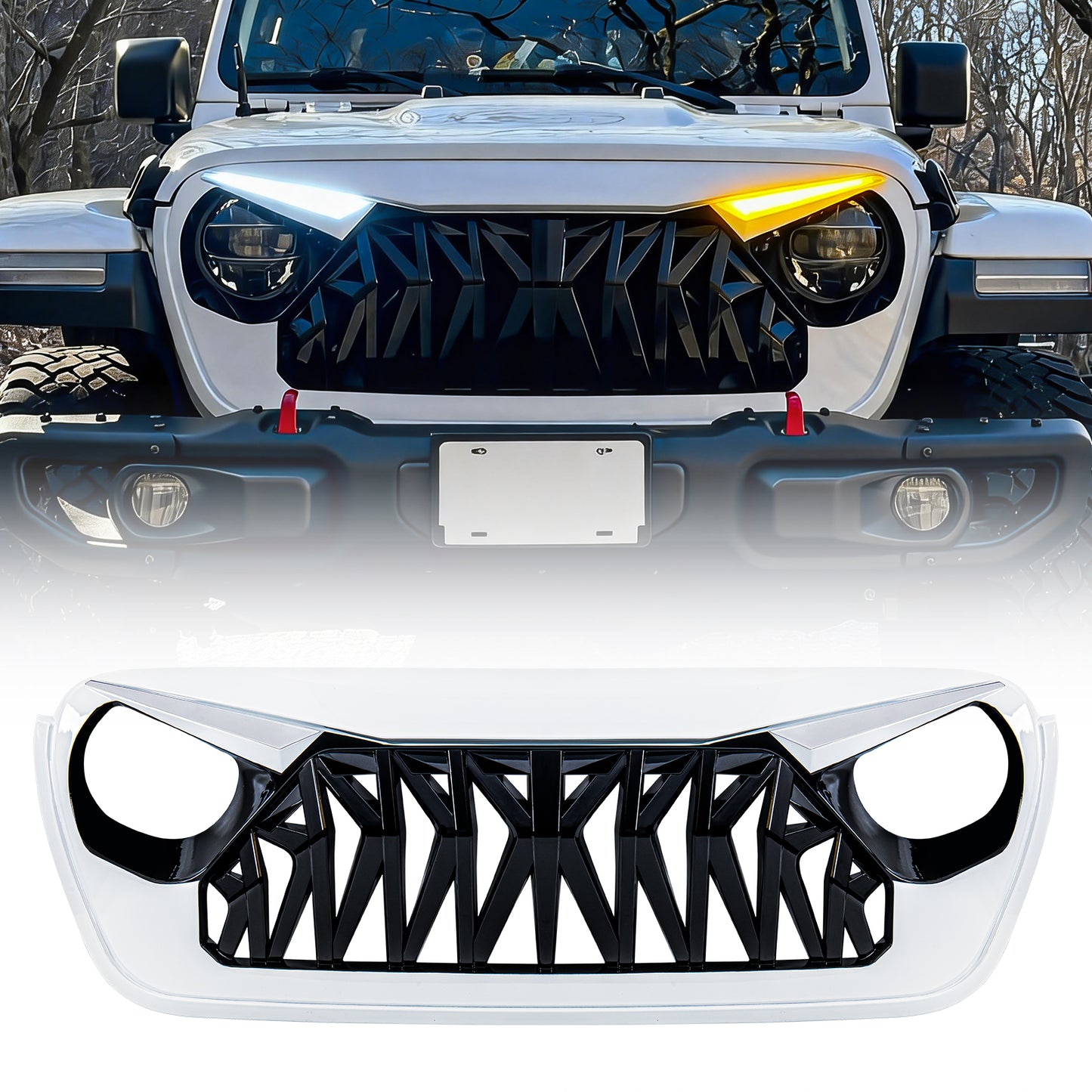 American Modified Shark Grille W/ LED Eyebrow DRL And Turn Signals White & Black - AMJPCA00141