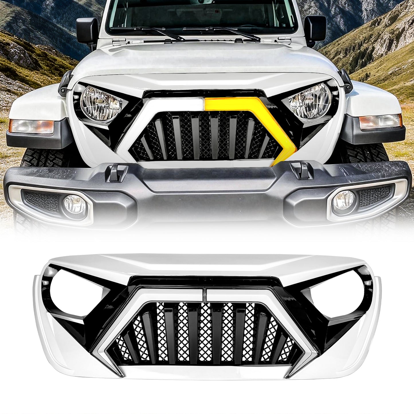 American Modified Goliath Grille W/ LED DRL And Turn Signals White & Black - AMJPCA00142