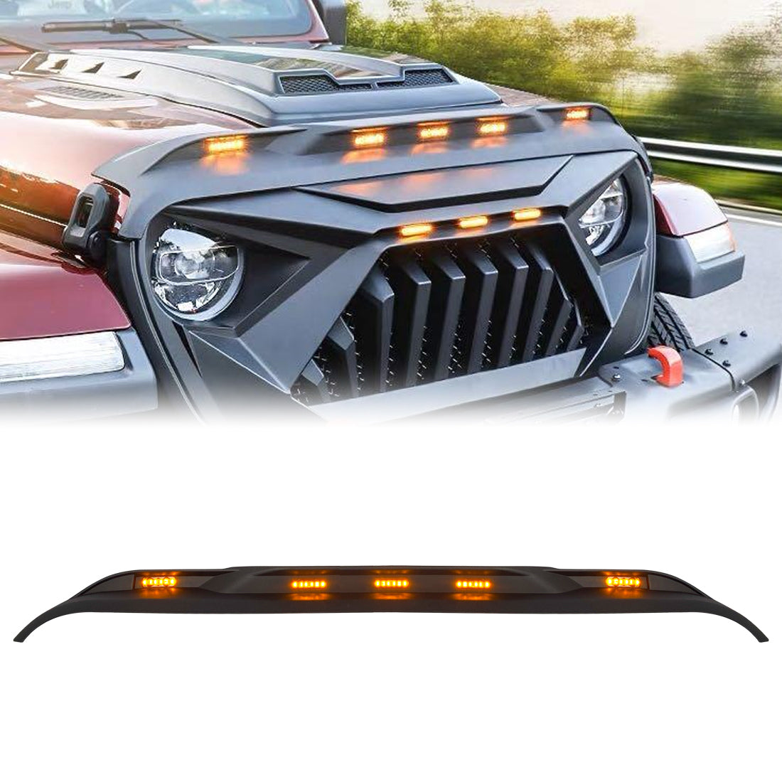 American Modified Front Hood Protector Stone Guard With Amber LED Lights - AMJPCA00204