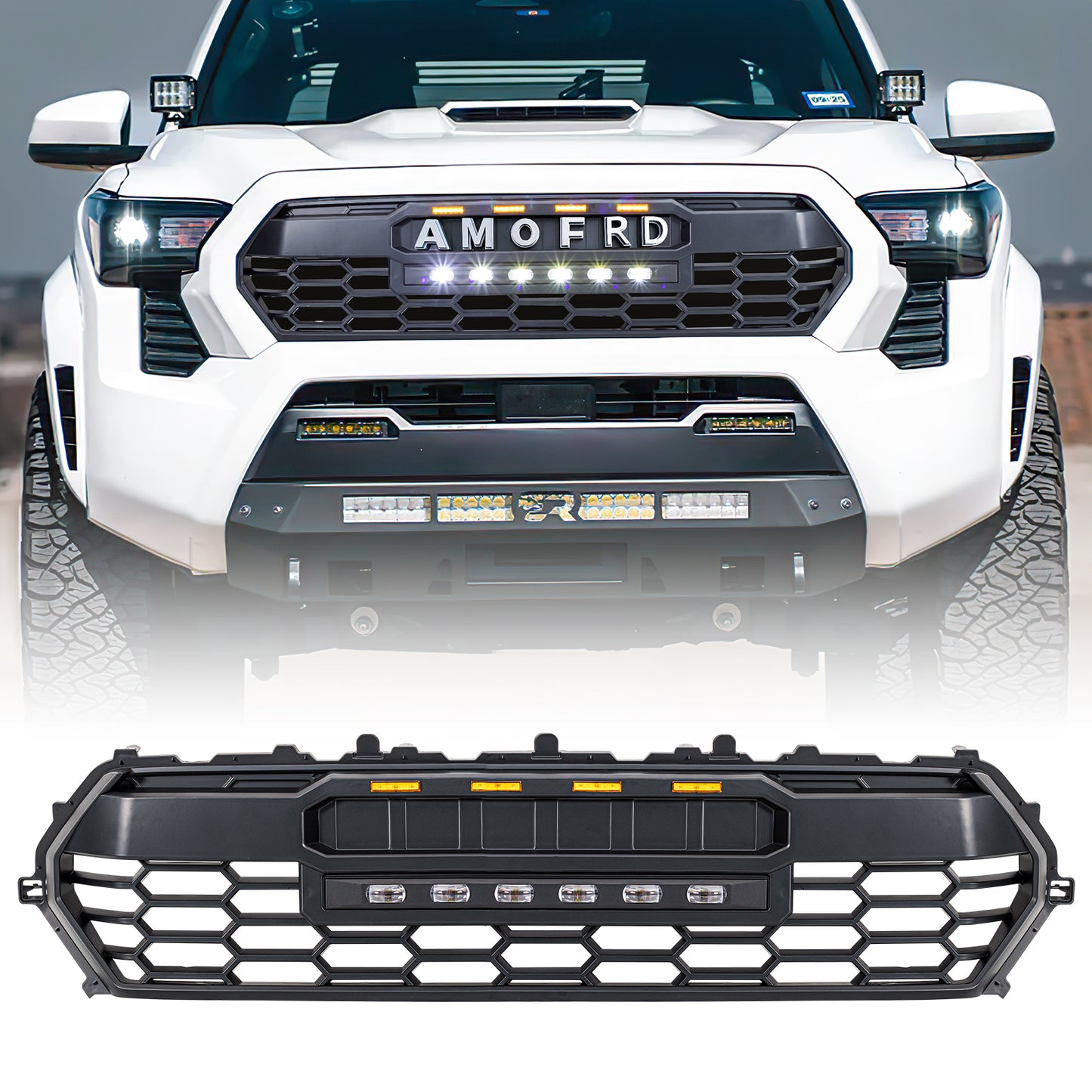 American Modified TRD PRO Style Front Grille W/ LED Off-Road Lights Amber Lights And DIY Letters - AMTYTAA00130