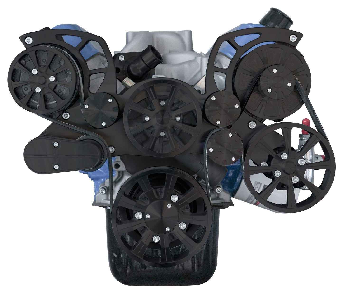 Small Block Ford Evolution Serpentine System W/ AC  PS & ALT. 4 Bolt. Black.