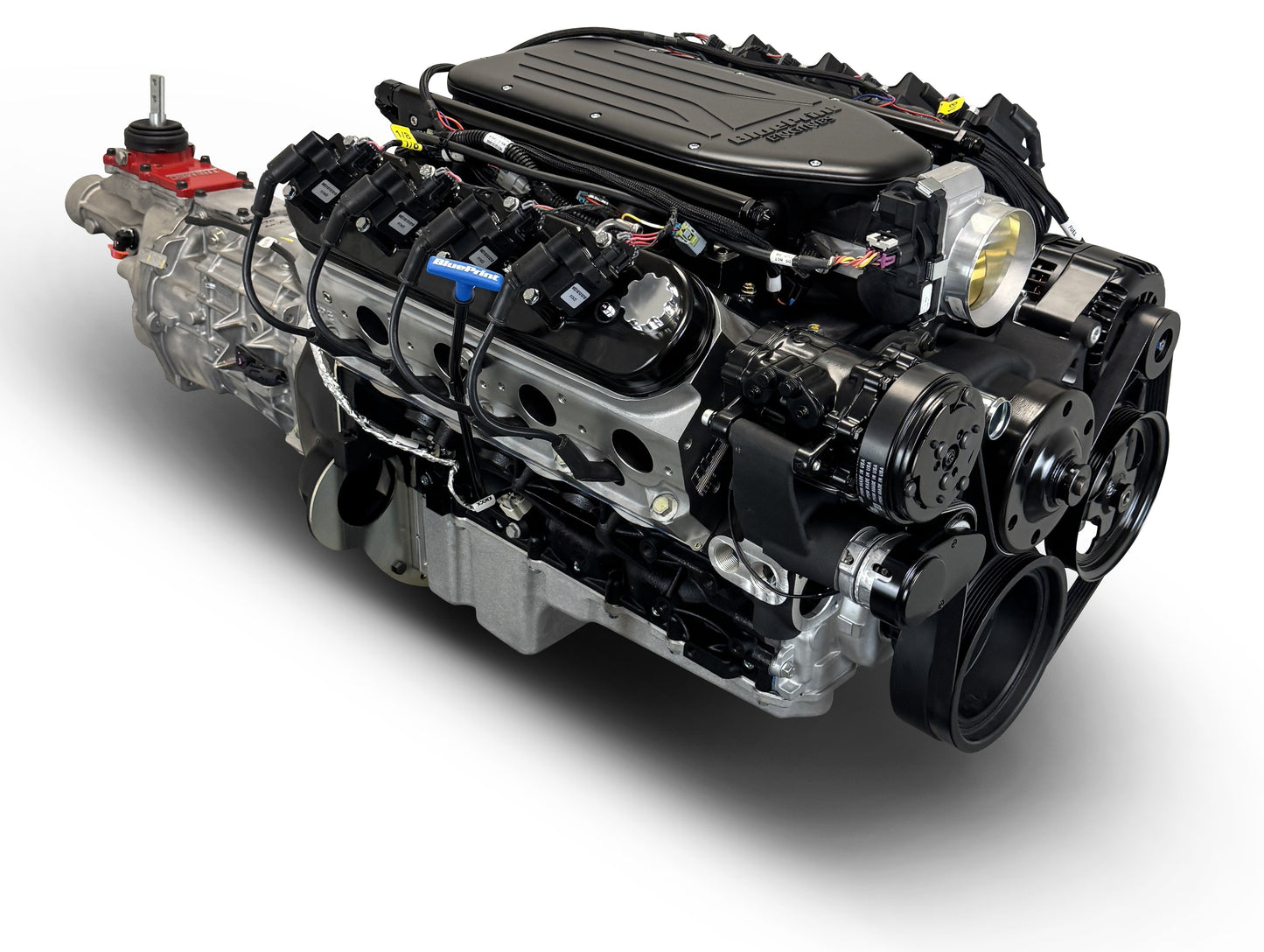 BluePrint Engines GM LS Compatible 376 C.i. Engine And T56 Manual Transmission - Standard Edition Builder Series - Black Pulley Kit - Holley Terminator X EFI System