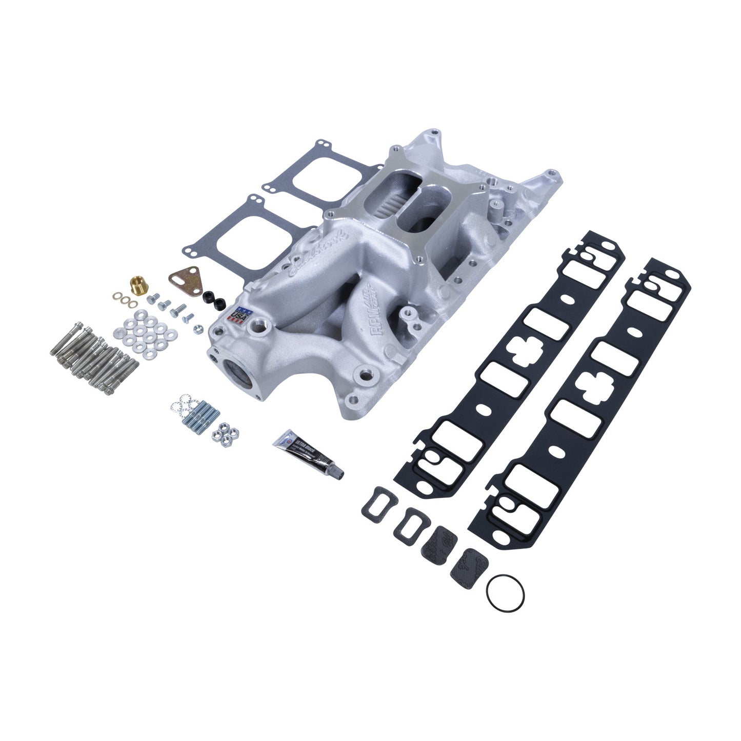 Manifold & Install Kit  SB Ford RPM Air-Gap 7521 W/Gaskets  Bolts  Studs  RTV