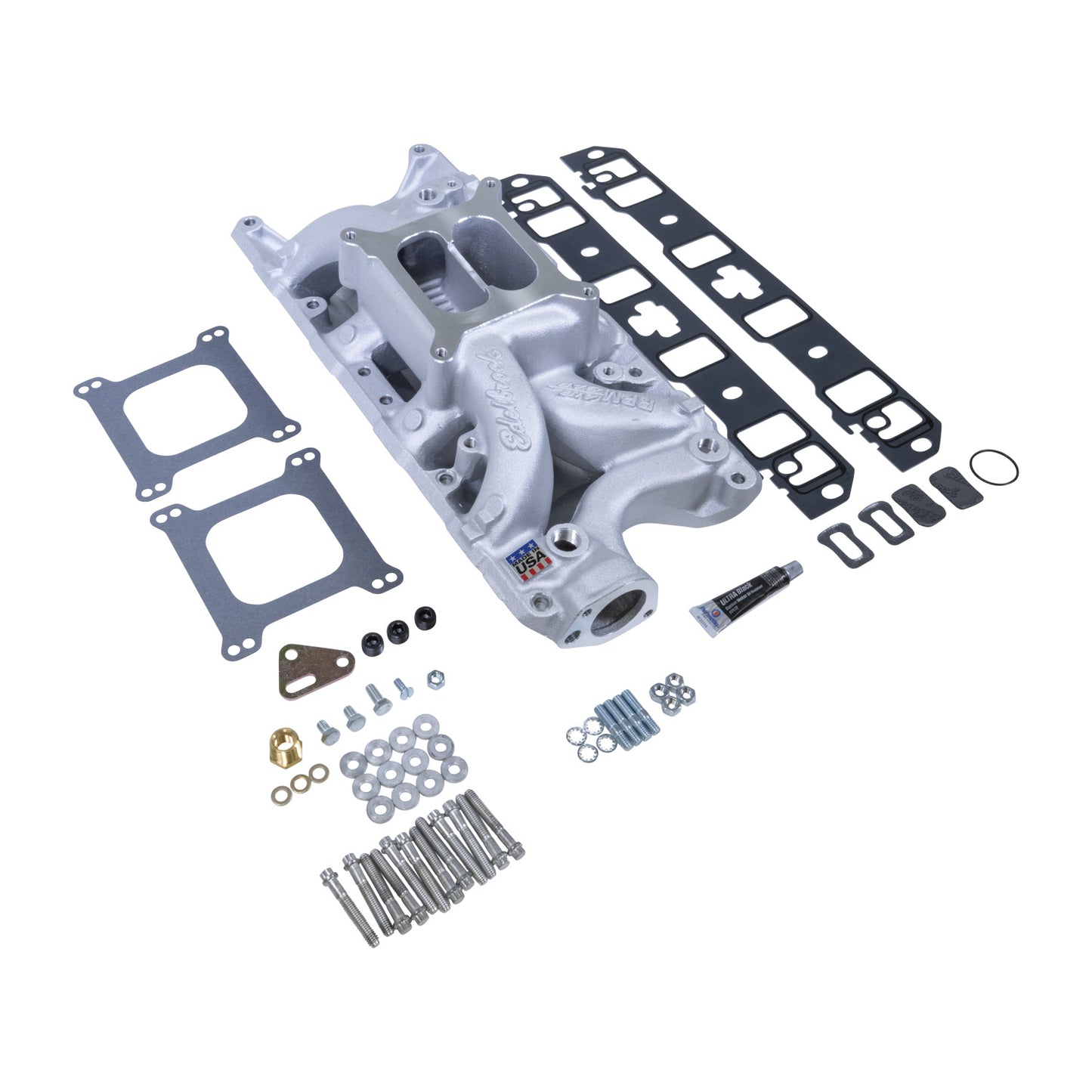 Manifold & Install Kit  SB Ford RPM Air-Gap 7521 W/Gaskets  Bolts  Studs  RTV