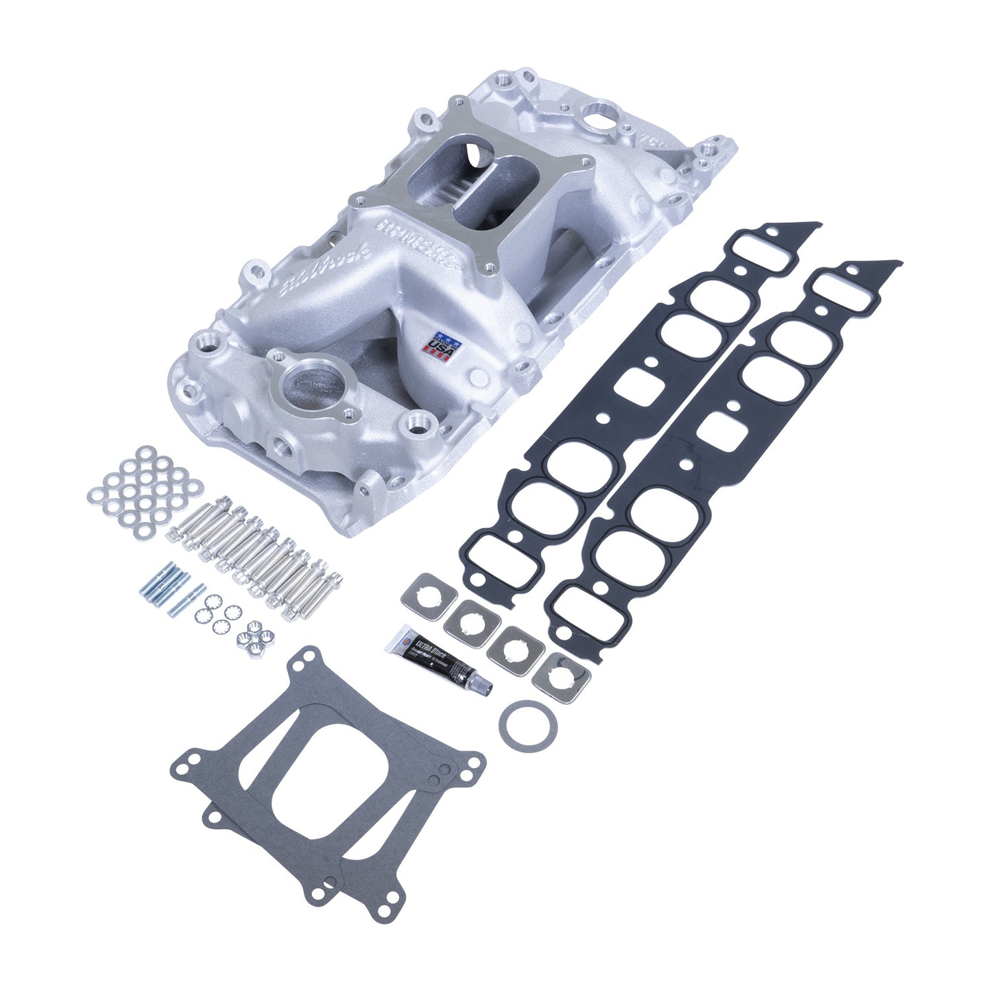 Manifold & Install Kit - BB Chevy RPM Air Gap 7561 W/ Gaskets  Bolts  Studs  RTV