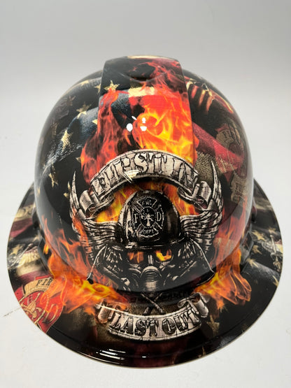 Full Brim Hard Hat Hydro Dipped FIRST IN LAST OUT FIREFIGHTER