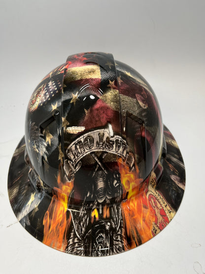 Full Brim Hard Hat Hydro Dipped FIRST IN LAST OUT FIREFIGHTER