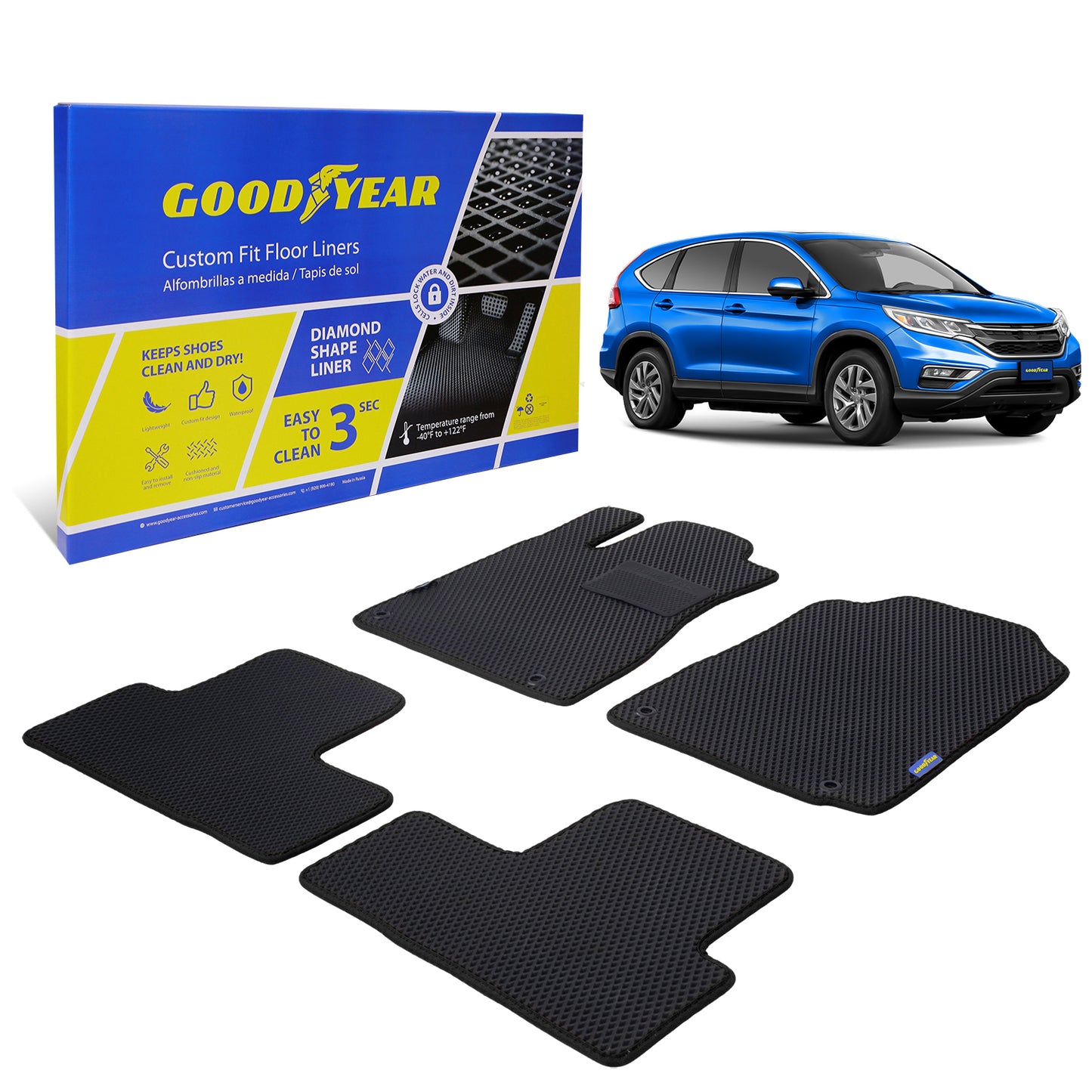 Goodyear Custom Fit Car Floor Liners For Honda CR-V 2012-2016 Black/Black 4 Pc. Set All-Weather Diamond Shape Liner Traps Dirt Liquid Rain And Dust Precision Interior Coverage - GY004057