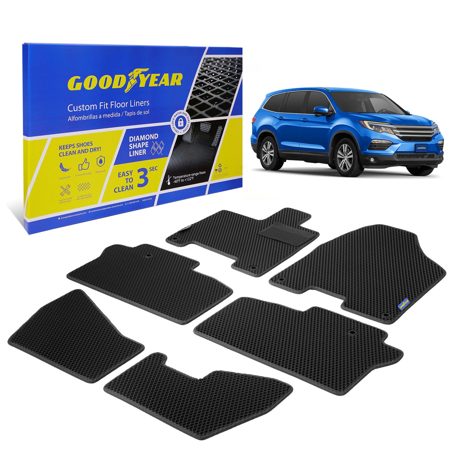 Goodyear Custom Fit Car Floor Liners For Honda Pilot 2016-2021 Black/Black 6 Pc. Set All-Weather Diamond Shape Liner Traps Dirt Liquid Rain And Dust Precision Interior Coverage - GY004081