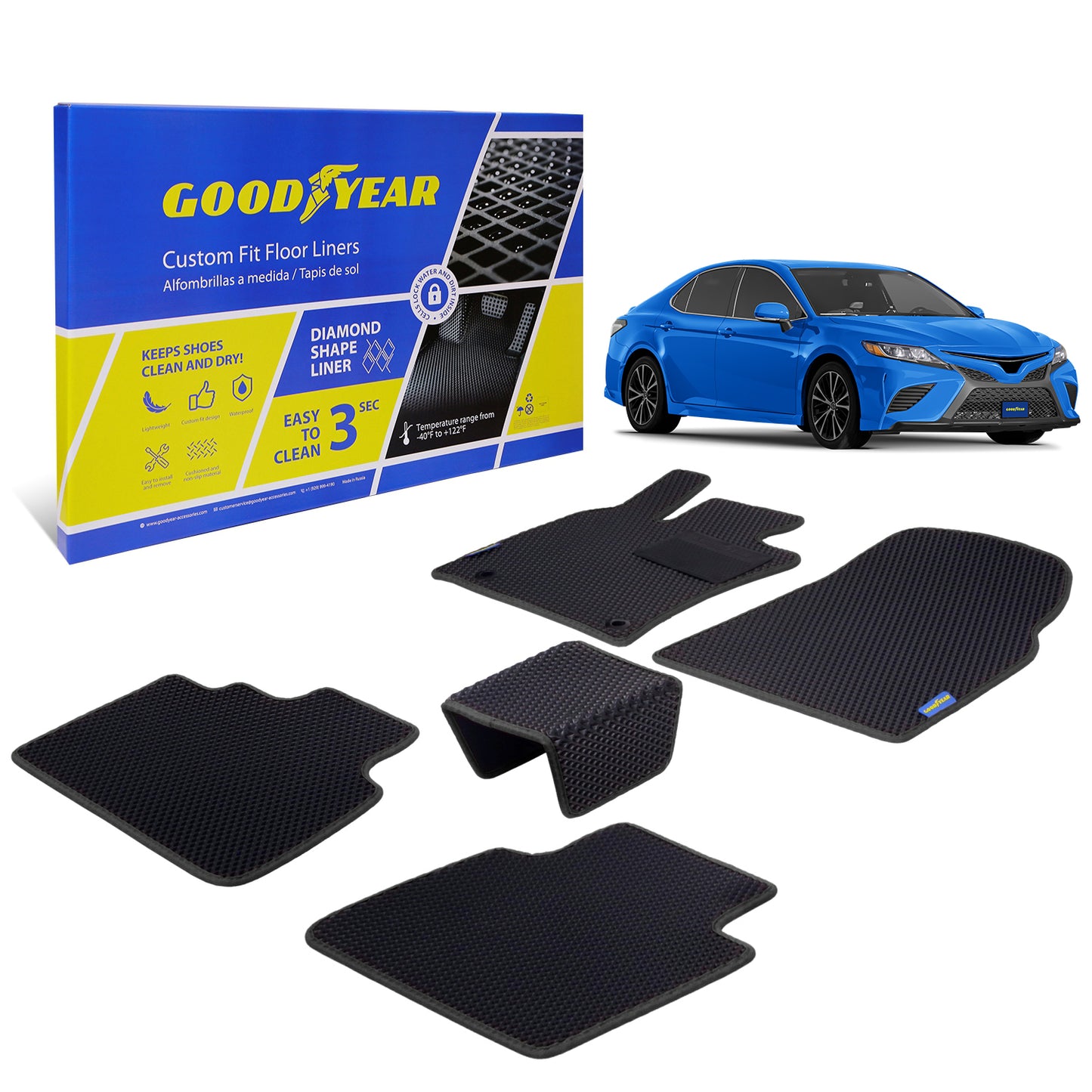 Goodyear Custom Fit Car Floor Liners For Toyota Camry 2018-2021 Black/Black 5 Pc. Set All-Weather Diamond Shape Liner Traps Dirt Liquid Rain And Dust Precision Interior Coverage - GY004111