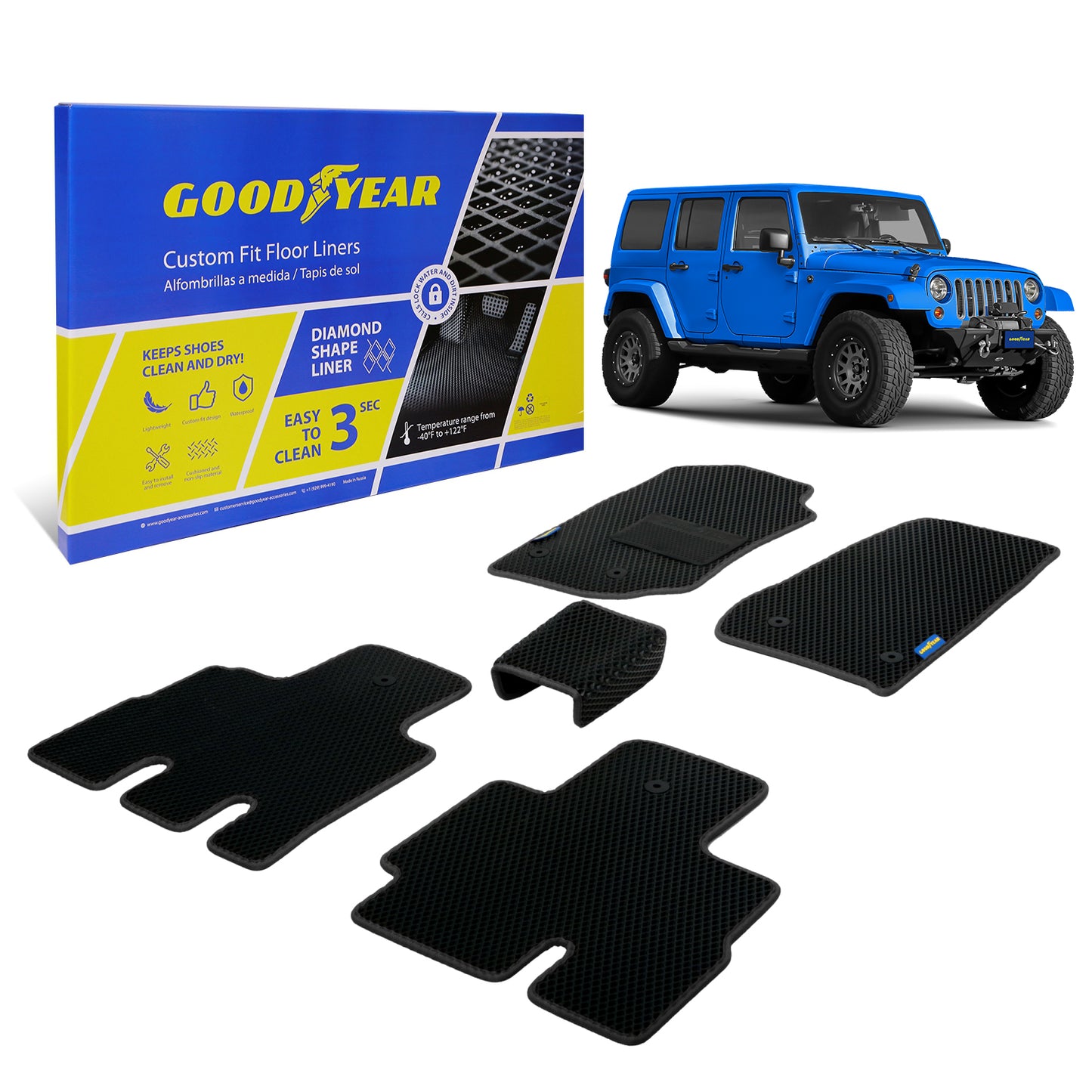 Goodyear Custom Fit Car Floor Liners For Jeep Wrangler 2014-2018 Black/Black 5 Pc. Set All-Weather Diamond Shape Liner Traps Dirt Liquid Precision Interior Coverage - GY004123
