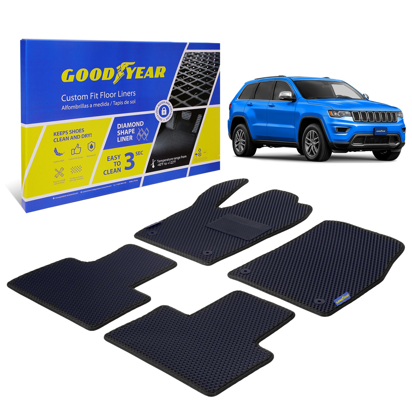Goodyear Custom Fit Car Floor Liners For Jeep Grand Cherokee 2016-2020 Black/Black 4 Pc.Set All-Weather Diamond Shape Liner Traps Dirt Liquid Precision Interior Coverage - GY004129