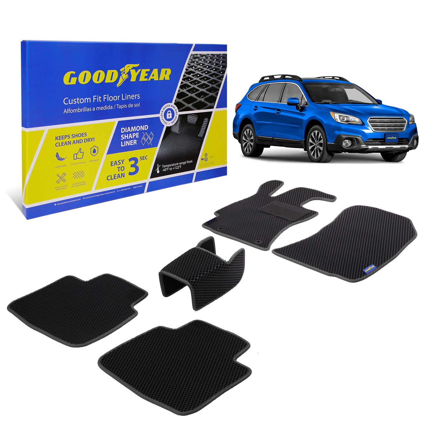 Goodyear Custom Fit Car Floor Liners For Subaru Outback 2015-2019 Black/Black 5 Pc. Set All-Weather Diamond Shape Liner Traps Dirt Liquid Precision Interior Coverage - GY004141